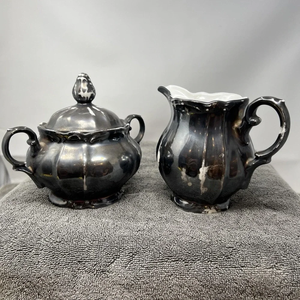 Vtg Parbus Bavaria Silver Overlay Porcelain Lidded Sugar Bowl & Creamer Set